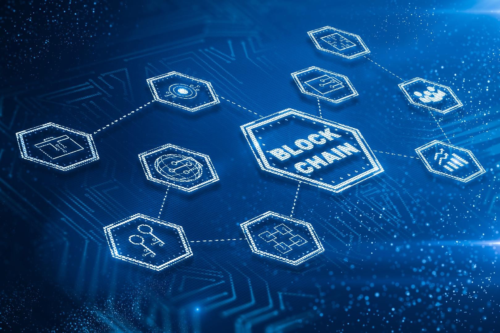 Ilustración de edificios conectados por nodos representando transparencia en blockchain